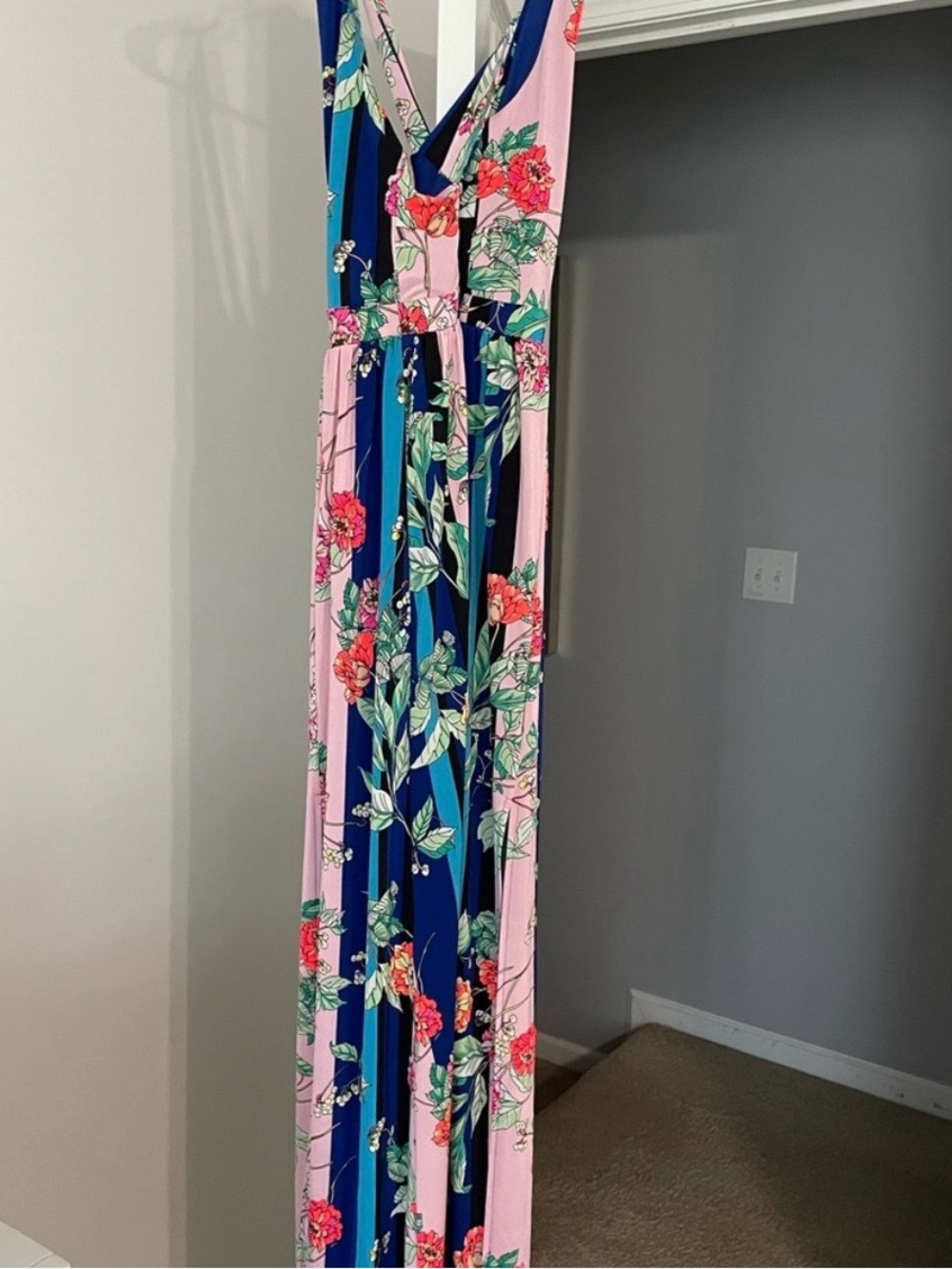 Express Pink & Navy Floral Stripe Maxi Dress